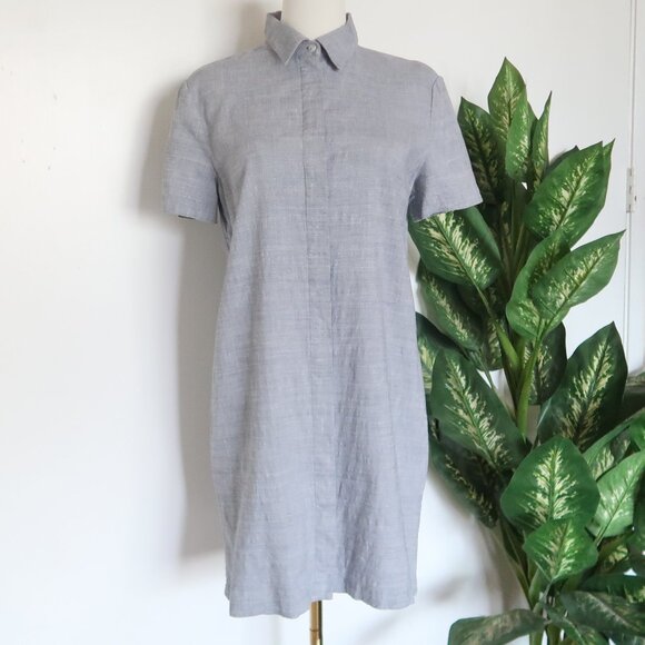Theory Linen Gray Blue Button Down Short Sleeve Mini Shirt Dress Spring Summer S - Picture 12 of 13